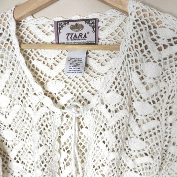 Tiara International Crochet Cardigan M White Vintage Open Front Sweater - Picture 4 of 8